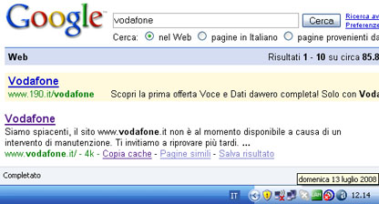 messaggio di manutenzione nelle serp di Vodafone